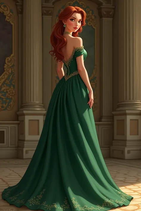 Princess in a green dress with her back looking back in a large dress