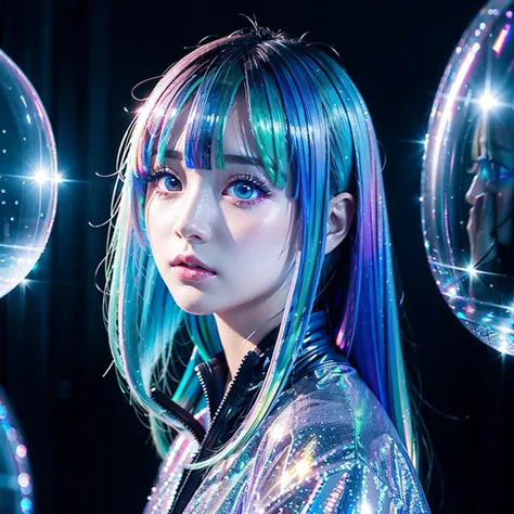 girl, Anime, Looking at Viewer, Bubbles, Highly detailed, Reflective Transparent, Iridescent Opaque Jacket, Long Transparent Iridescent RGB Hair - ar 3:2