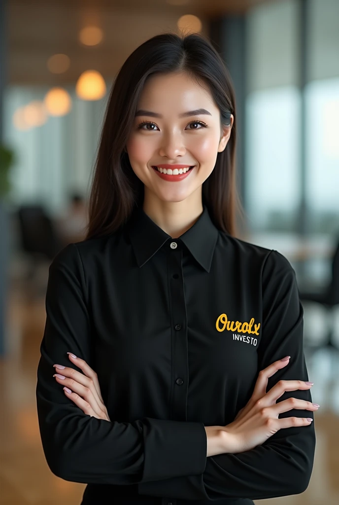  a support attendant wearing a black blouse with a logo with a name: OuroX Investo in the color yellow 