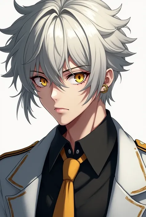  
One, male, man, white academy jacket ,  golden eyes ,  black shirt and gold tie , Direct facial treatment ,  Tousled and messy white short hair,  two locks of short hair on the sides ,  anime style ,  The best quality , with lip and ear piercings, HD