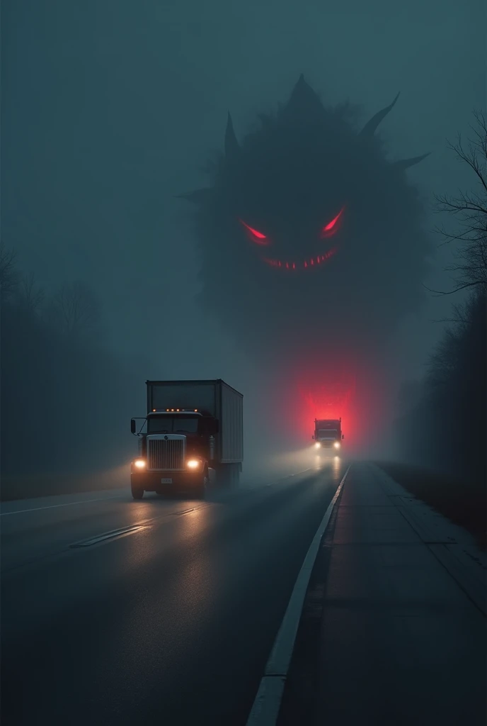 "Create a dark, eerie image of two trucks on a desolate highway at night. The lead truck appears normal, its headlights cutting through the thick fog ahead. Behind it looms a sinister truck, its headlights glowing an intense, hellish red. The rear truck ha...