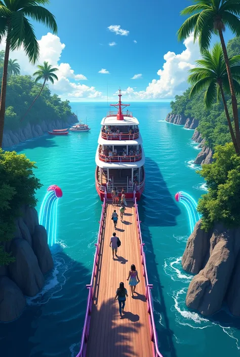  and a sightseeing boat full of tourists arrives on Niraikana Island in the tropical country。アニメ映画のワンシーンの様な迫力andリアル感。A welcoming person 々and、 a seesar made of neon lights 、Greet you at the pier 。Aerial photography