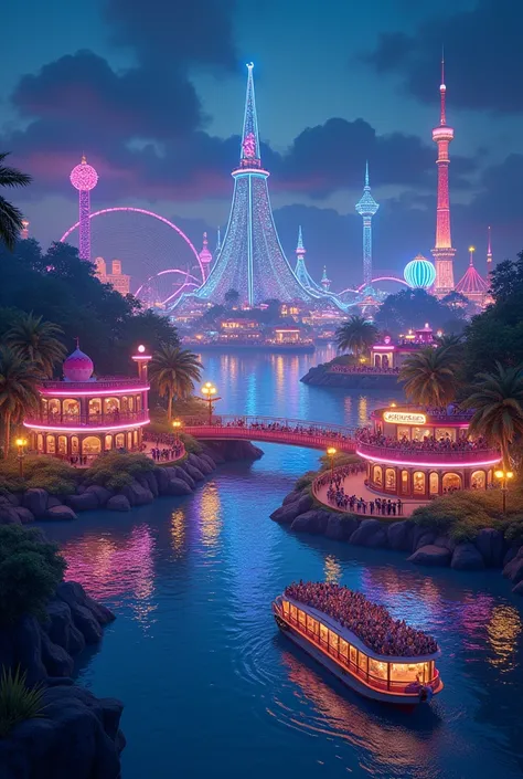 A theme park with a gorgeous night view and neon lights。 A sightseeing boat full of tourists arrives on Niraikana Island in the tropical country。 impressive and realistic feeling like a scene from an animated movie 。A welcoming person 々 and a neon seater g...