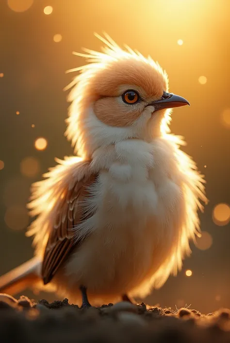  A mesmerizing close-up portrait of a beautiful little bird illuminated by the soft golden light of a quiet morning, with vibrant bokeh balls gently framing its delicate shape.