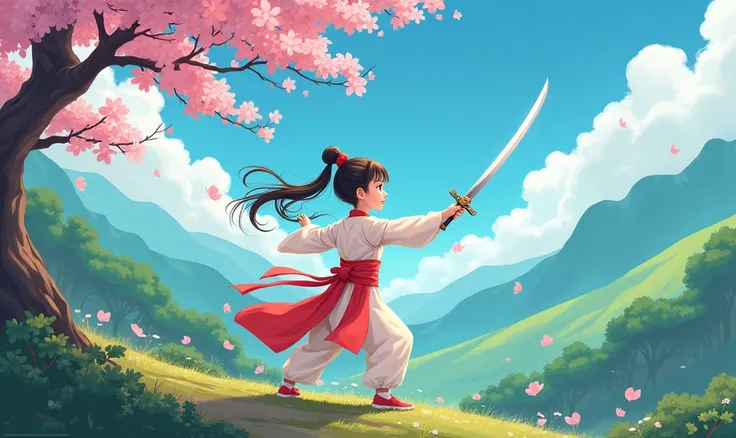 green pink blue back ground anime style cute chinese montain with girl training the monhua sword style with plum blossom