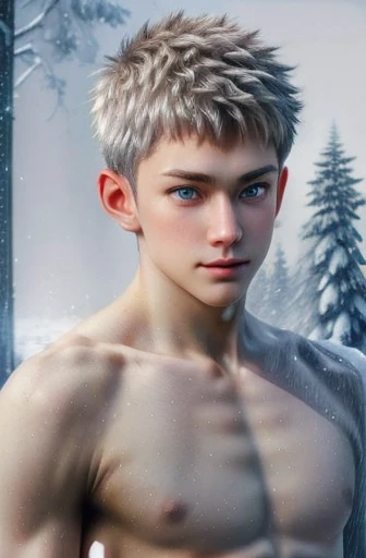 Human-boy, 18-years old boy, ethereal beauty, white messy hair, blue-colored eyes, (deep blue eyes, finely detailed blue eyes), (detailed face), pale skin, (white skin), ethereal beauty, defined body, (detailed body: 1.4), wearing only pants, (shirtless:1....