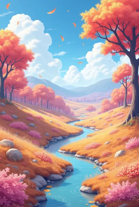  Autumn Scenery、 High Quality、 High Quality 、 Fantasy 、 bright 、pop、anime、A very beautiful landscape、 Patchwork World、Pastel color world、Pale pink、Pale Blue、A pale yellow world