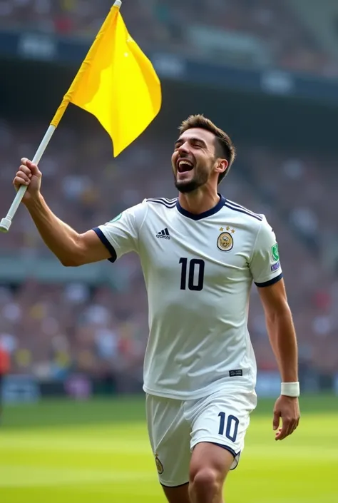 Soccer player in white uniform with the name Marco Rojas number 10 written on the jersey celebrating a goal and smiling holding a yellow flag on the handle 