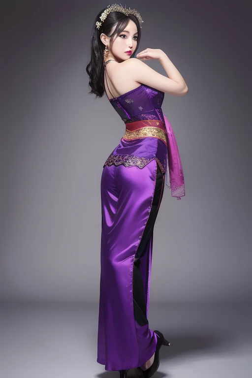 The woman is wearing an ancient dark purple dance costume, including a full-length halter qipao blouse, and chiffon trousers on the bottom. She is an oriental beauty with a very Chinese style. The costume is very Song Dynasty style. She has her back to the...