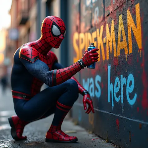 A highly detailed and realistic portrait of Spider-Man spray painting a wall, ultra-detailed graffiti of "Spider-Man was here" on the wall, dramatic dynamic pose, expressive facial features, (best quality,4k,8k,highres,masterpiece:1.2),ultra-detailed,(real...