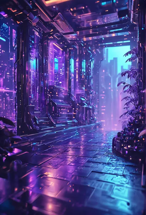 (Future Technology), (close up),  blue to purple gradient background, fantasy space city background ,  fantastic lighting effects 