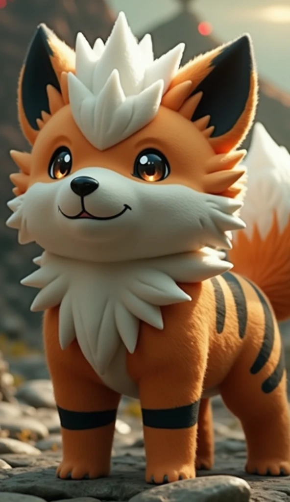 A hyper-realistic depiction of the Pokémon Growlithe, standing confidently on a rocky plateau under a vibrant sunset sky. The fur is intricately detailed, with its orange coat glowing warmly in the golden sunlight, and the cream-colored tufts appearing sof...