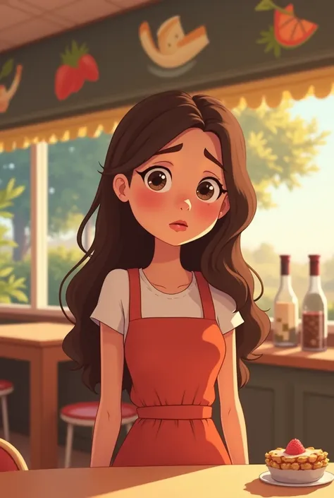  creates a single Pixar-type girl of a girl with half brown hair with pretty clothes, one who is a little sad because her health food restaurant is facing increased costs due to inflation.But in the picture show me the whole panorama of the restaurant
cart...