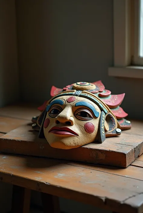  Mayan mask facing up on a table, That the mask is not standing 