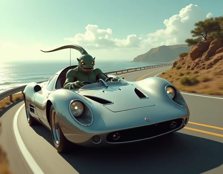 A stingray man driving a convertible sports car