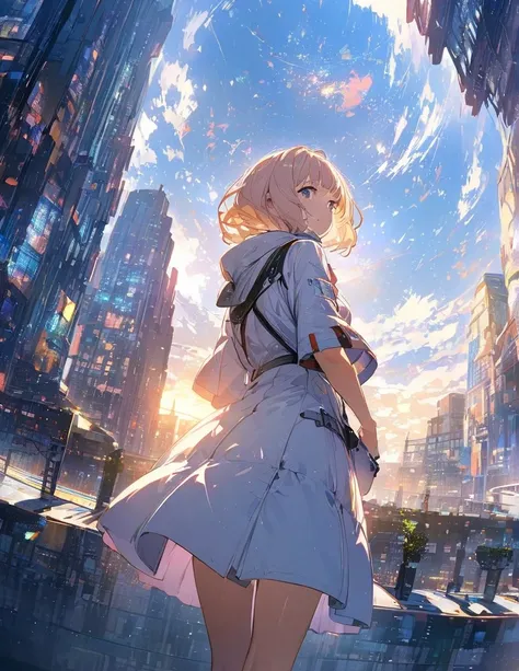 (Anime)、(masterpiece:1.2),Atmospheric Perspective, Lens Flare、( super wide angle background focusing on girls)、 Future Cities 、girl standing on the roof 、SF,( Closeup of a Girl )、 light production 