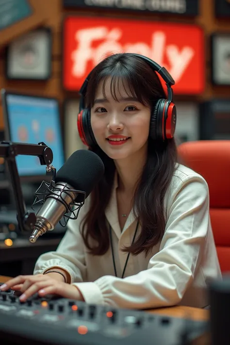 Korean young female, headphones, radio dj, sitting on a radio booth