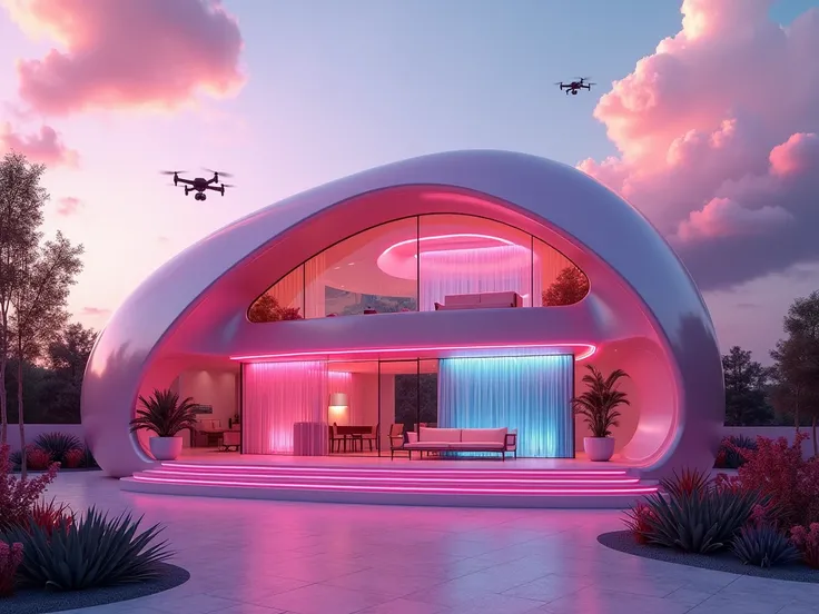  " A futuristic house with modern design , compact ,  in metallic pink color ,  with pink and blue neon lighting in the details .  The house has large windows ,  soft curves and geometric elements . in the environment,  a minimalist garden with exotic plan...