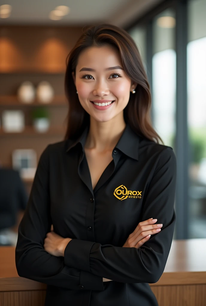  a support attendant wearing a black blouse with a logo with a name: OuroX Investo in the color yellow 