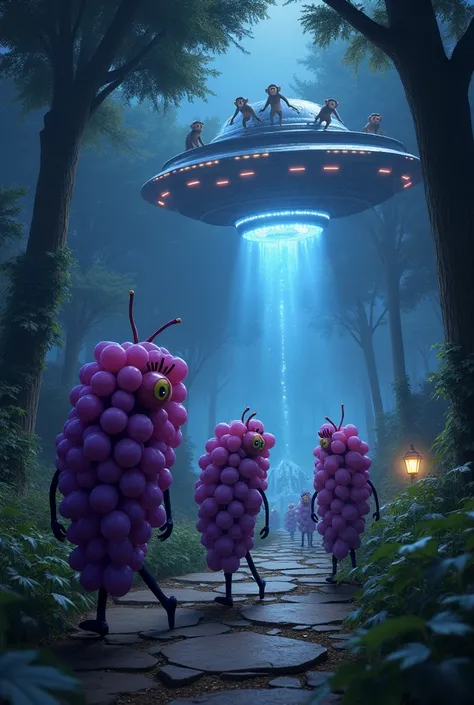 Cluster of talking purple grapes walking around the park at night watching monkeys coming out of a spaceship