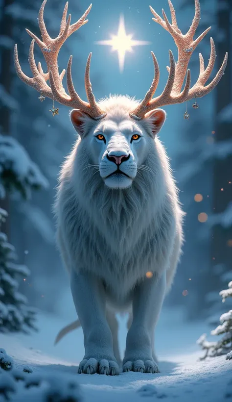 "A powerful reindeer-lion hybrid with a muscular body, covered in snow-white fur, large antlers decorated with festive ornaments, standing in a snowy forest with a Christmas star shining in the sky.