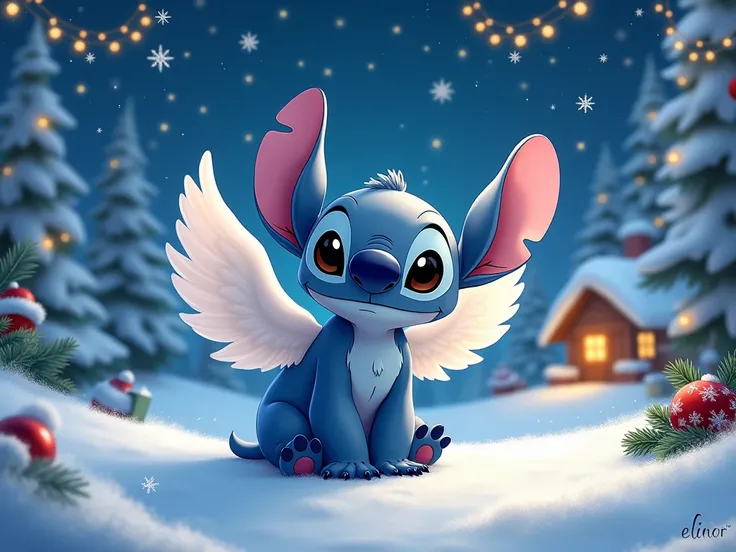 Create a poster extremely detailed of ANGEL stitch  with letter-by-letter writing " ELINOR" en FRANÇAIS. dans un style Disney 4D. LÉCRITURE DOIT ÊTRE BIEN VISIBLE. 

Thème  ANGEL  stitch ET NOËL. 