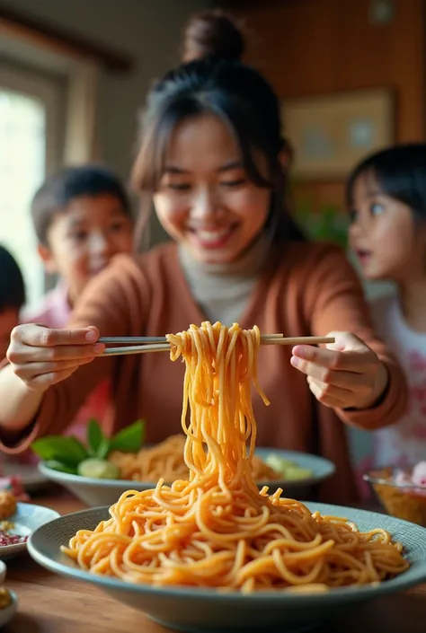  give me another image showing a warm and familiar scene,  with a mother serving Chinese noodles to her family. It represents the message of union ,  nutrition and happiness in the home . with the same background as the previous photo 