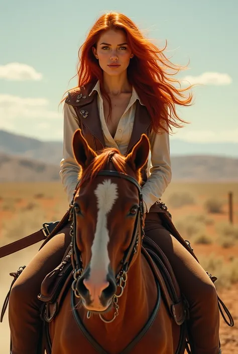 A red-haired cowgirl  , riding a horse , the woman is extremely beautiful 