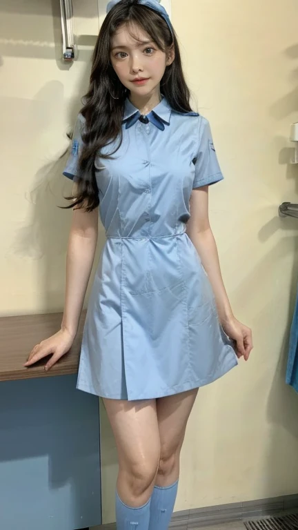   there is a nurse in the hospital wearing a light blue nurse uniform、Beautiful, long legs 、Blue long hair、  thin waist、   blue stockings  、Smiling Kindly