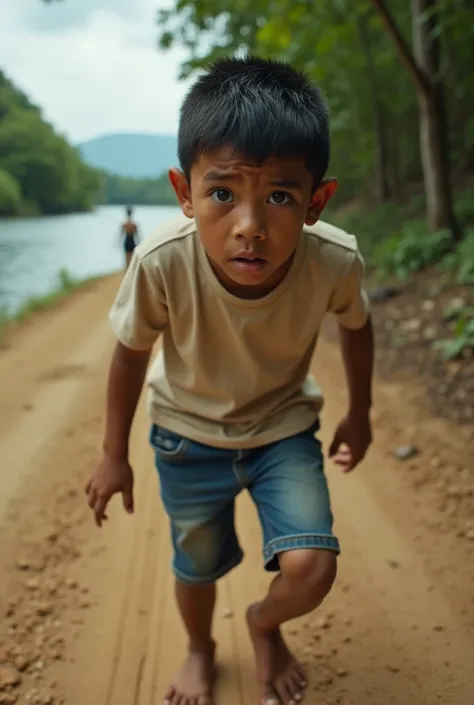 Close-up real photo of a ten-year-old Venezuelan boy with black hair from the state of Guarico wearing denim shorts and beige t-shirt climbing up a dirt road with a worried and frightened face and at the bottom of the bay of a tropical river 