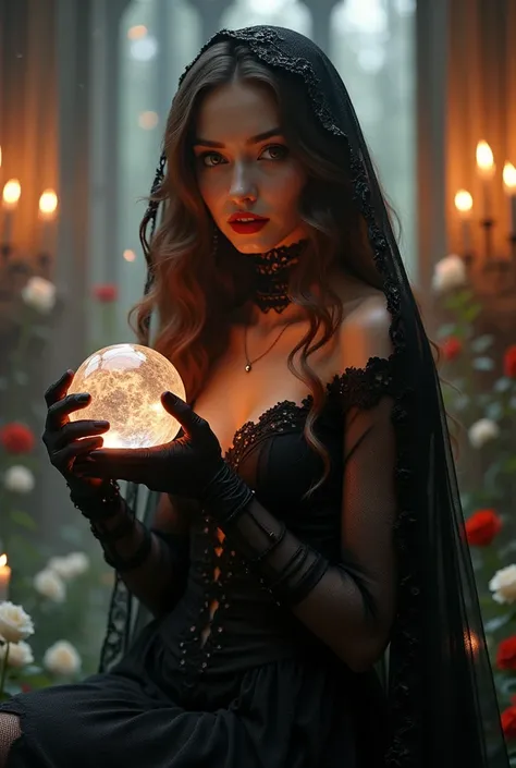 gothic style.  Beautiful pale-skinned woman , blushing,  bright red lips ,  very long curly brown hair .  Sexy medieval dress in black lace . Embroidered Choker . Embroidered gloves .  Embroidered cape over your head .  Slim and voluptuous body ,  Large br...