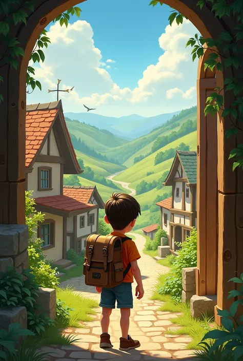  The young adventurer leaves his house, from a small town  