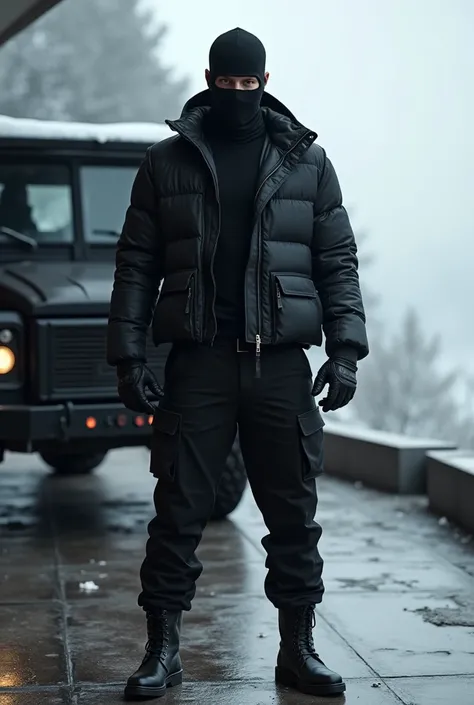       A man on the terrace wearing black pants  ,    black jacket   , leather boots , sexy, manly,
 and balaclavas negrs,    winter. Safe house, black armored truck , armed bodyguards behind him    
 

