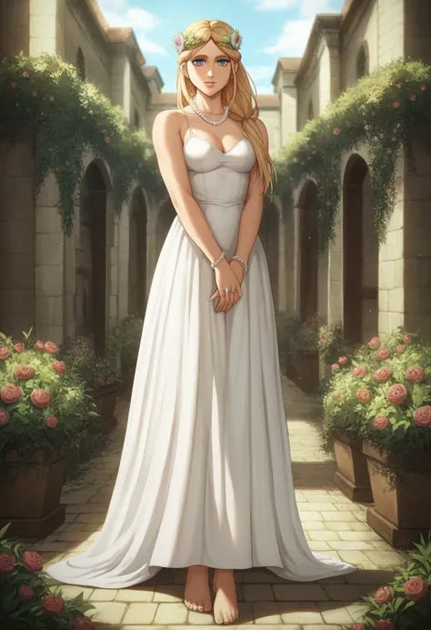 score_9, score_8_up, score_7_up, BREAK source_anime, historia reiss, blue eyes, blonde hair, long hair, medium breasts,Historia beautiful sleeveless dress white,in garden,flower on historia head,soo white historia skin,Barefoot,pink lips,pearls necklace,ri...