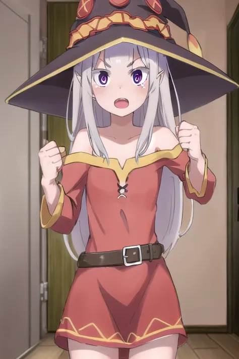 1girl,emilia (re:zero),pointy ears,grey hair,white hair,very long hair,blunt bangs,purple eyes,
BREAK, (megustume:1), megumin costume cosplay, (red dress, witch hat:1.1),
BREAK, standing, (punching:1.3),
BREAK, doyagao, smug face, surprised eyes, open mout...