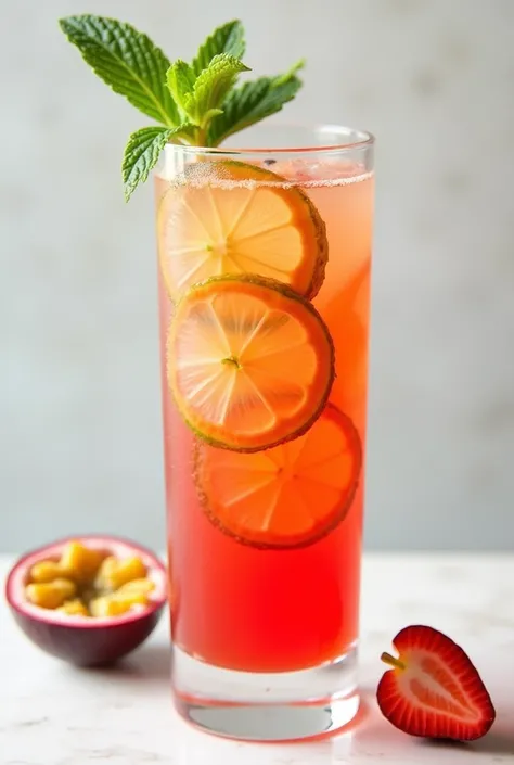  A non-alcoholic cocktail drink with strawberry juice, passion fruit and lemon.  Aiming the aesthetic appearance of the drink showing the passion fruit seeds floating. And three lemon slices  