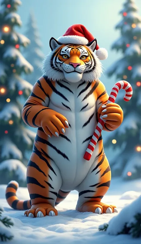 A strong tiger-snowman hybrid, with a muscular snowman body and stripes, wearing a Santa hat and holding a candy cane, surrounded by pine trees decorated for Christmas."