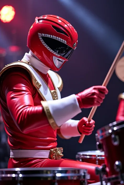 A Red Power Ranger is playing drums on stage. He wears a typical Power Ranger costume, with shiny red armor and a helmet with a distinctive design. The Red Power Ranger sits behind a drum set, with energetic hands pounding the drums with gusto. Around him,...