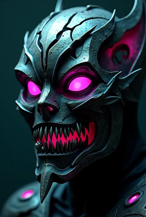 Create a unique horror mask made of metal with neon details. The mask must convey a frightening and enigmatic aura, with an asymmetrical design and sharp shapes, like blades. Incorporate reflective neon lights in shades of green and purple that illuminate ...