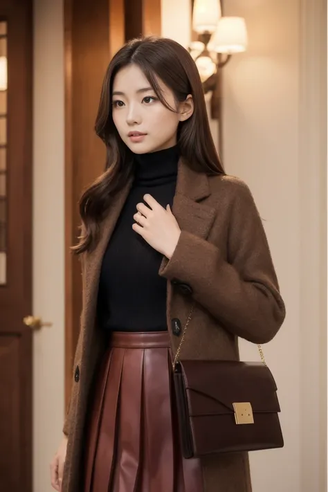 An elegant Japanese beauty with long, half-up, brown hair showcasing a New Year’s outfit. She models a long burgundy wool coat, black turtleneck, and pleated skirt, holding a small clutch, with a poised, serene expression, in a luxurious interior.