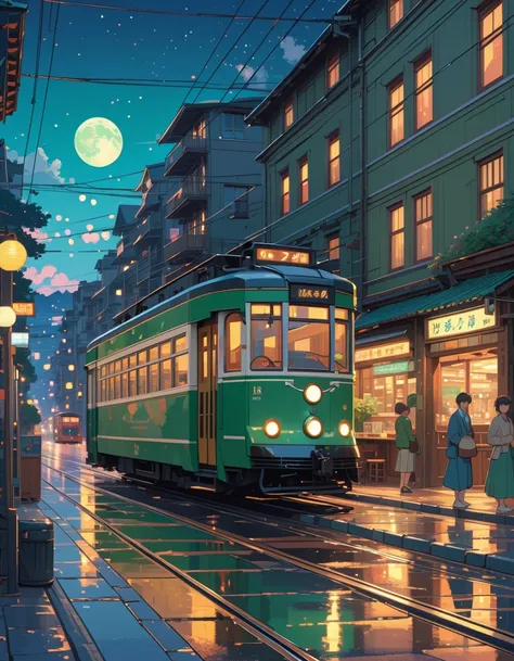 ((Anime:1.4,Illustration)),(masterpiece,  best quality,  best quality),( super detailed, absolutely resolution),((16k, high res)), ((( green streetcar, Seaside, Black Sky, moon)) ((cozy lofi Illustration:1.4)), ((Anime:1.4, Illustration)),(masterpiece,  be...