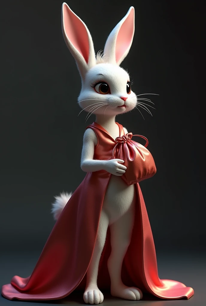 . Bunny in glamorous, high-low gown, holding satin pouch, with edgy pixie cut.