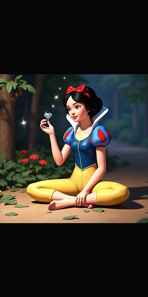 draw snowwhite with the looking on the birth on his finger anime 3d pixar style  siting on the ground. But snowwhite is a young handsome 20 years old male wearing a  yellow leggings. 3/4 view. give me 3 perspectives: front view, side view, 3/4 view