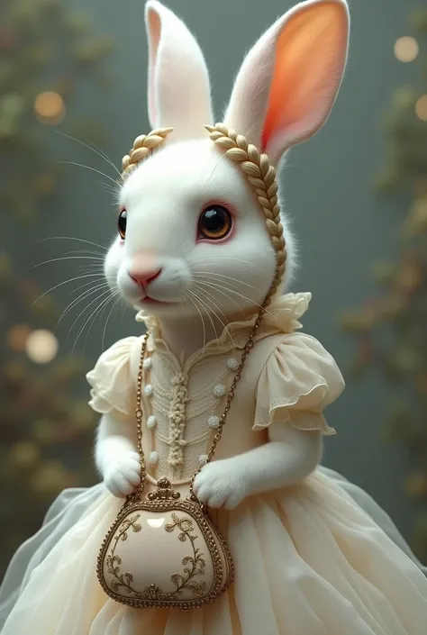 . Bunny wearing exquisite, lace gown, carrying antique-style bag, with romantic braids.