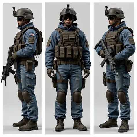 modern soldier from actual times, without military gear, without jeans texture, full body, realistic, image divided into 3 parts with each part showing one side of the soldier, with space between each image.