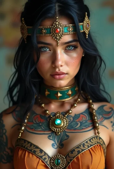  a girl with superpowers of astral energy , young,  black hair ,  blue eyes ,  white skin . with tattoos of freedom ,  that in the costume you can see Colombian culture ,  who in her costume has the women fighters of the real history of Colombia,  to look ...