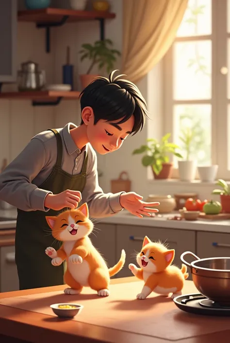 Zhou Shen has a kitten and a puppy playing around next to cooking ，旁边有一只小猫和一只小狗正在嬉戏打闹