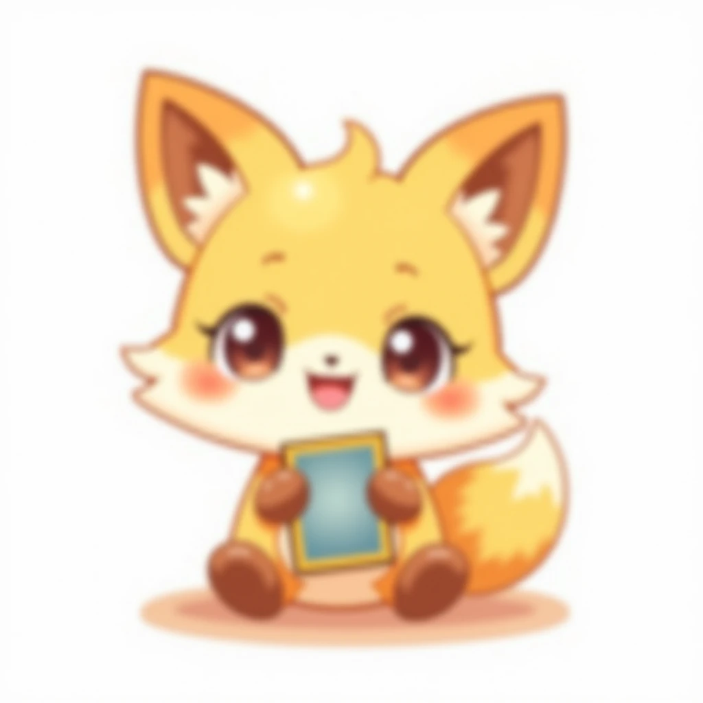 Create an image of a cute chibi baby fox character sitting on the ground. The character has big expressive eyes, round cheeks, and a big smile.
They are holding a pokemon card. Small paws. White background.