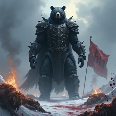 Mythical evil shadow God of Bears, a halo of power over its head, dressed as a warrior in black armor. On a bloody battlefiled in a snowstorm. Gold zombie s on the ground, fire in the background, as well as a B1h flag.