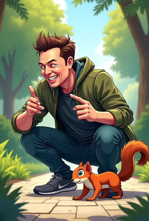 Elon Musk playing with a squirrel in banner format